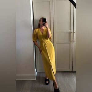 Zara Linen blend midi dress in mustard/yellow